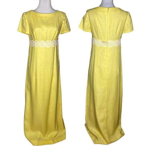 Vintage Dresses & Skirts - Vintage 60s Butter Yellow Maxi Gown Women XS Lace Retro Glam Regency Formal Prom